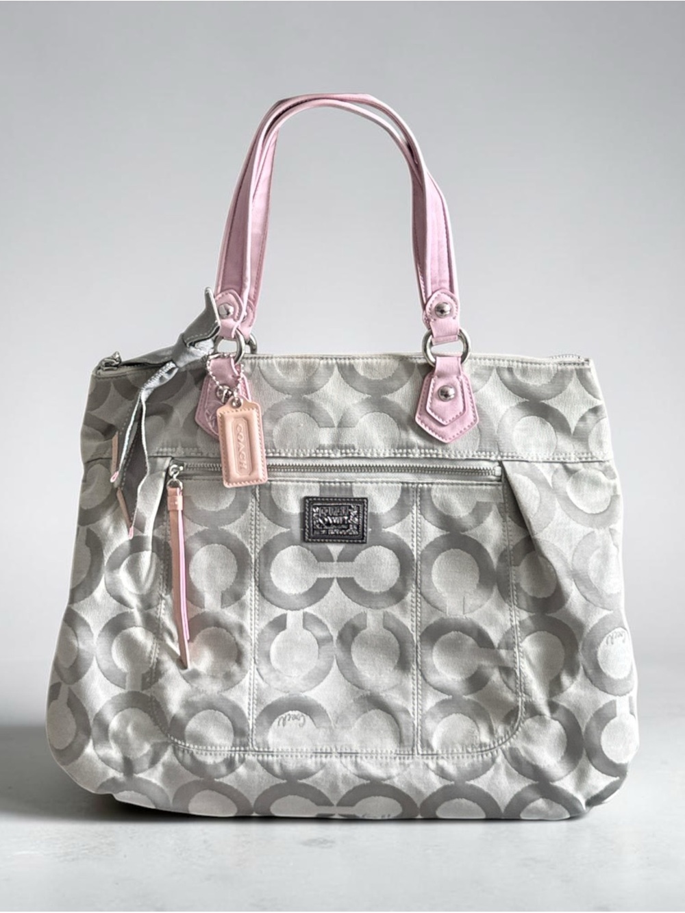 Coach Poppy Gray Signature Sateen Pink Trim Glam Tote Bag